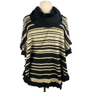 Joseph A Striped Pullover Poncho Turtleneck Sweater Ruffle Hem Black Beige Sz 3X